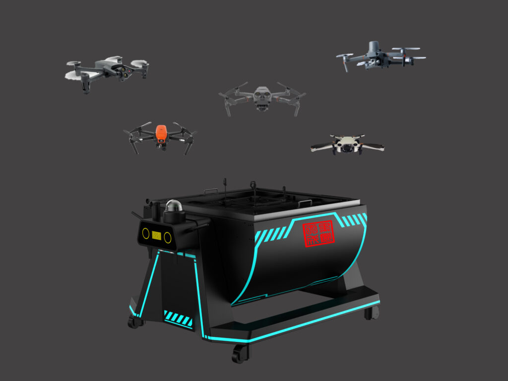 DNEST3-drone-dock-and-different-drones-with-logo - HEISHA robot charging station The compatibility of HEISHA drone charging docks