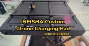 Industrial drone charging pad on a heavy metal frame in a workshop, with bold yellow text reading 'HEISHA Custom Drone Charging Pad'